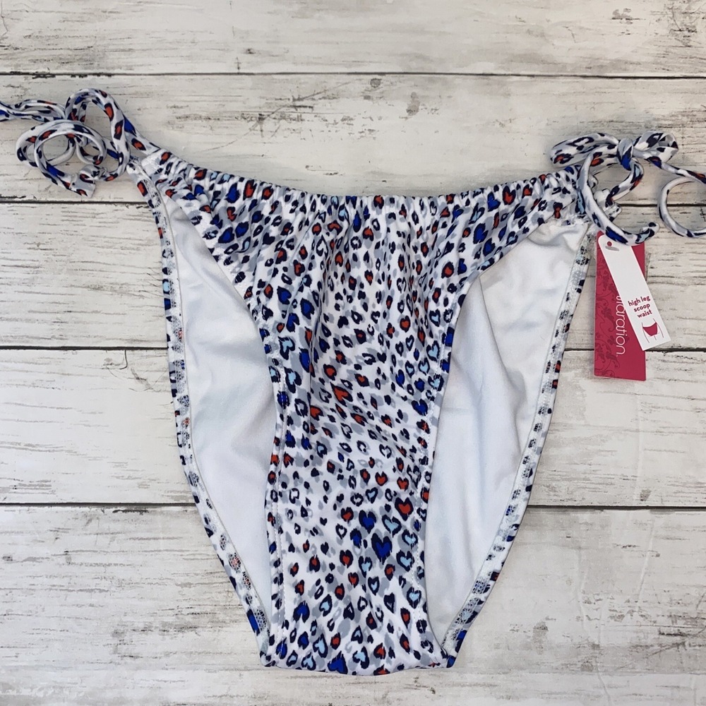 Xhilaration Bikini Bottom Womens XL Rainbow Leopard Heart White Swim Scoop Waist